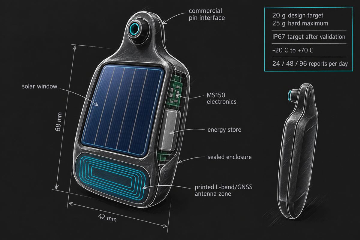 Smart Cattle Tag design sketch: 68 by 42 millimetre ear tag with solar window, sealed enclosure and printed satellite antenna